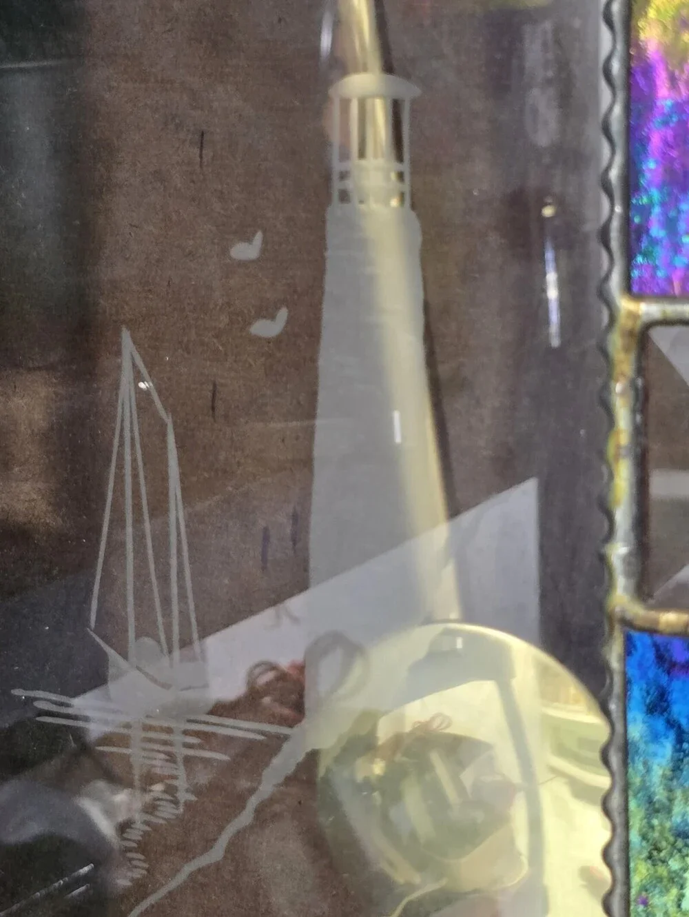 Cathedral Church Window Style Pendulum Wall Clock Stained Art Glass Lighthouse.